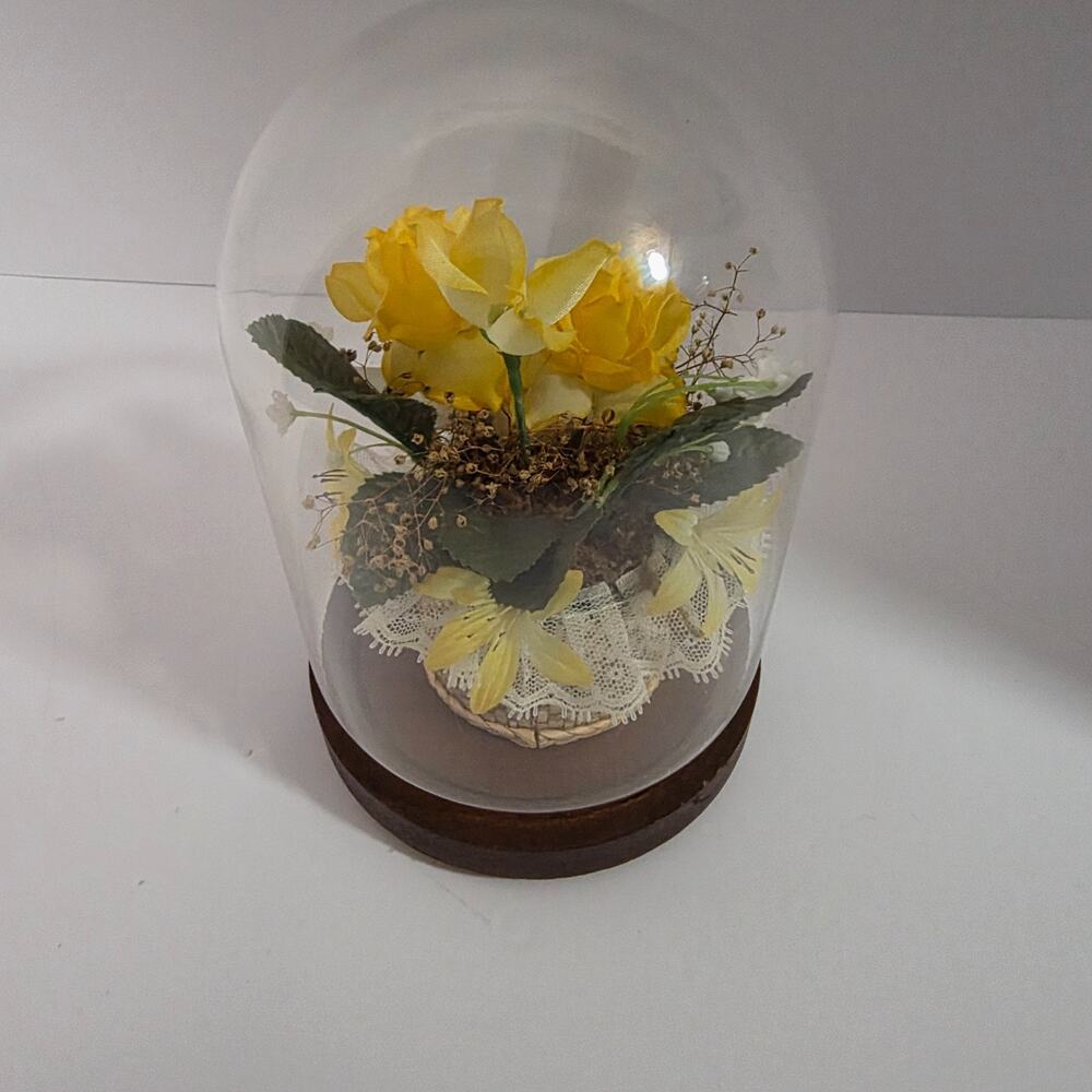 Vintage Style Glass Dome Floral Arrangement Yellow Flowers Wood Base Decor - Picture 3 of 6